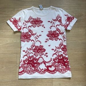 GAP White Short-Sleeve Top with Red Floral Lace Print & Sparkles XS